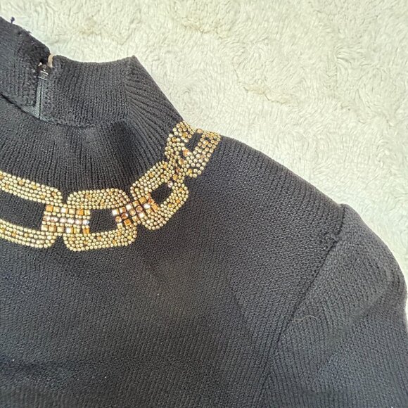 St. John Evening Knit Mini Sheath Sweater Dress Sz 2 Mock Neck Embellished Black - Picture 4 of 12